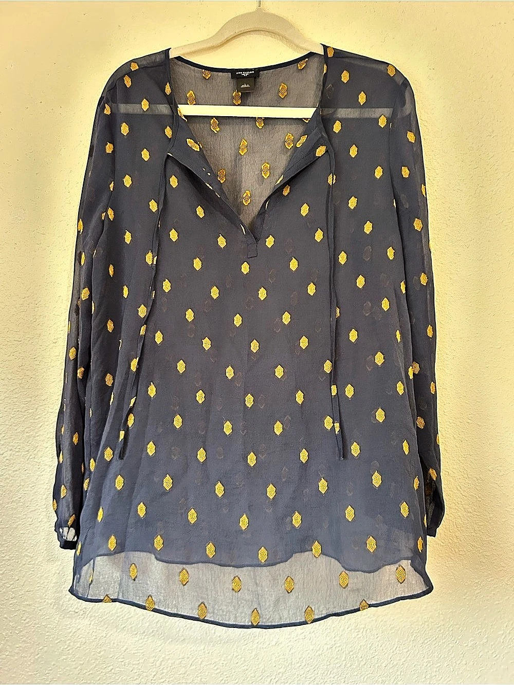 Ann Taylor Navy Sheer Tunic with Gold Embroidered Geometric Detail Size L